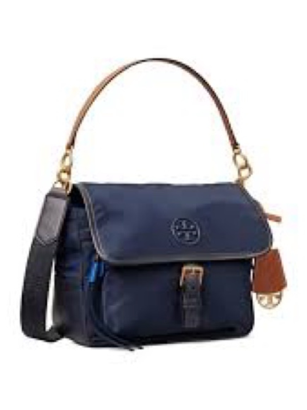 Tory Burch Navy and Brown Logo Flap Crossbody